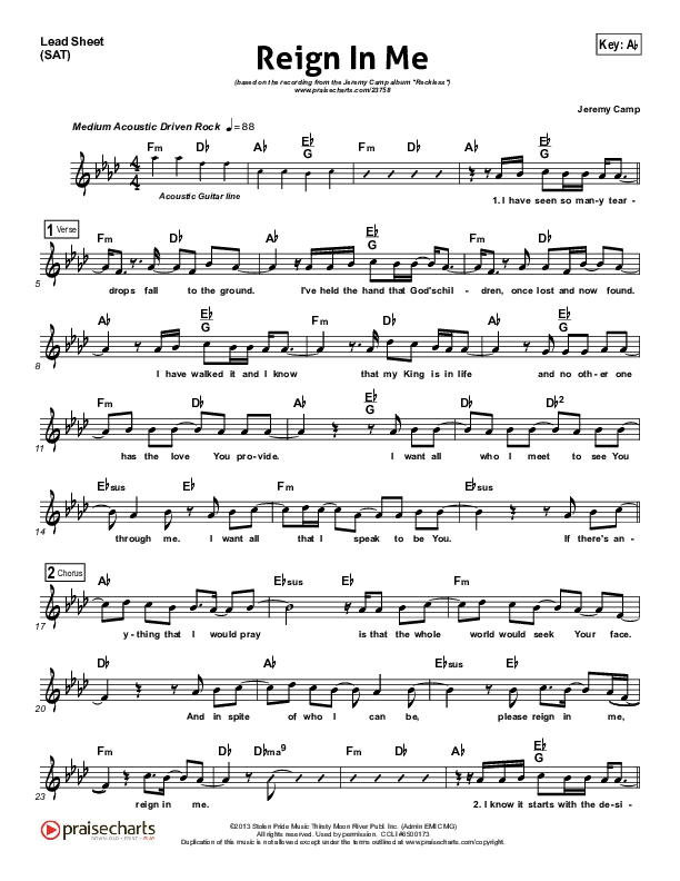Reign In Me Lead Sheet (Jeremy Camp)