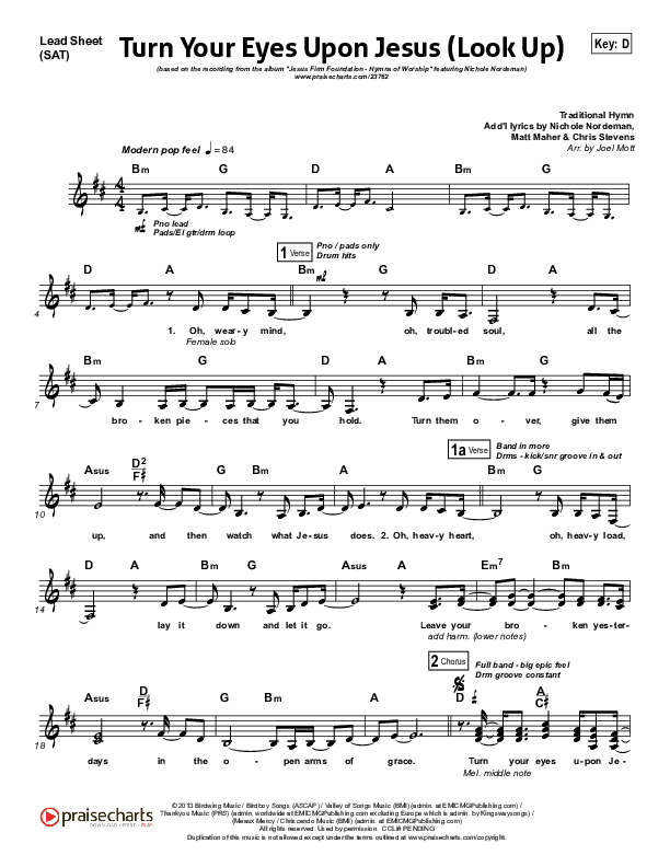 Turn Your Eyes Upon Jesus (Look Up) Lead Sheet (SAT) (Nichole Nordeman)