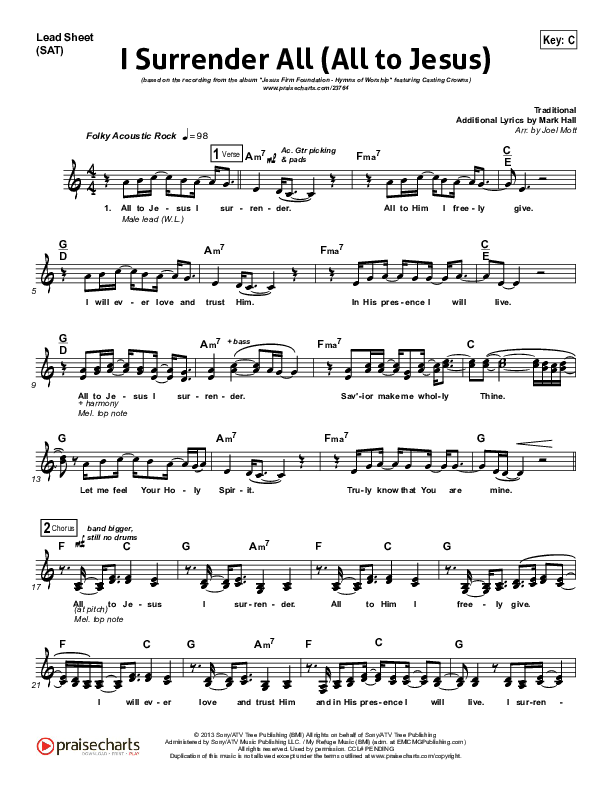 I Surrender (All To Jesus) Lead Sheet (SAT) (Casting Crowns)