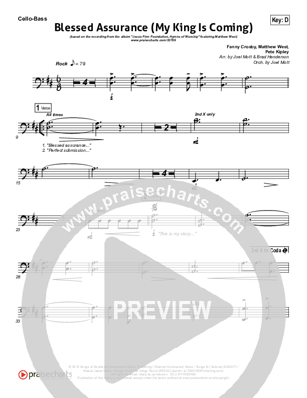 Blessed Assurance (My King Is Coming) Cello/Bass (Matthew West)