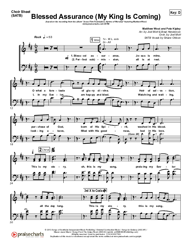 Blessed Assurance (My King Is Coming) Choir Sheet (SATB) (Matthew West)