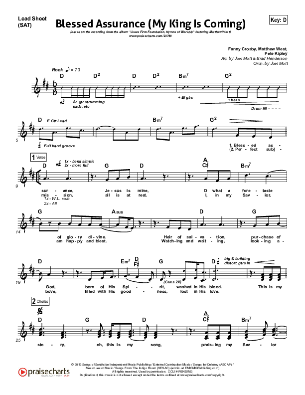 Blessed Assurance (My King Is Coming) Lead Sheet (SAT) (Matthew West)