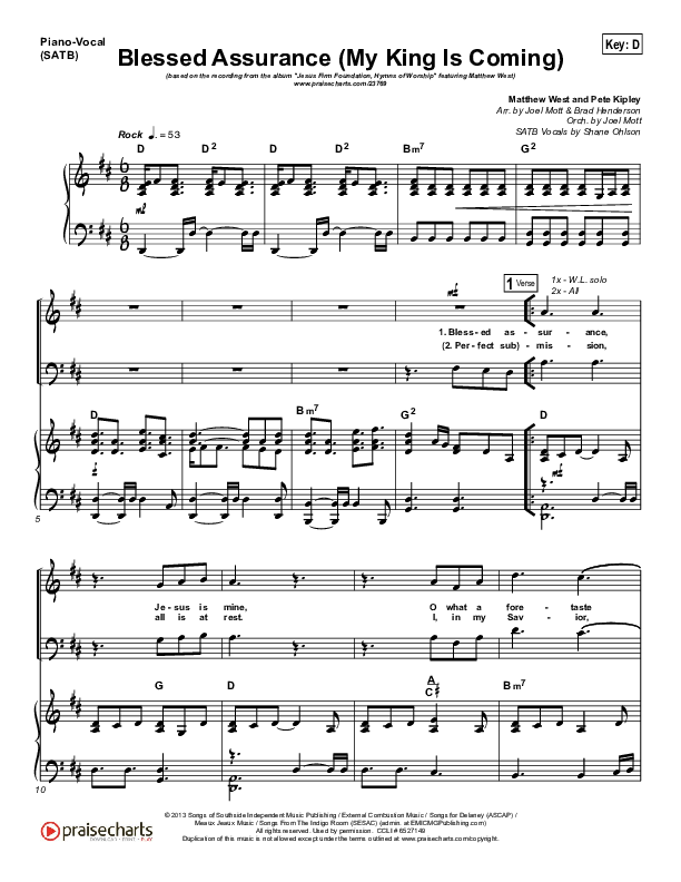 Blessed Assurance (My King Is Coming) Piano/Vocal (SATB) (Matthew West)