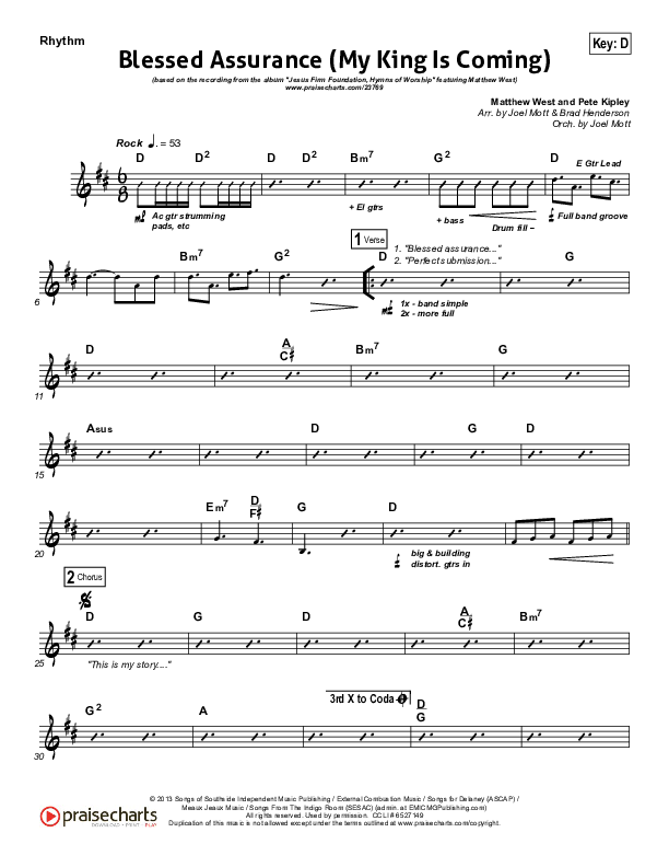 Blessed Assurance (My King Is Coming) Rhythm Chart (Matthew West)