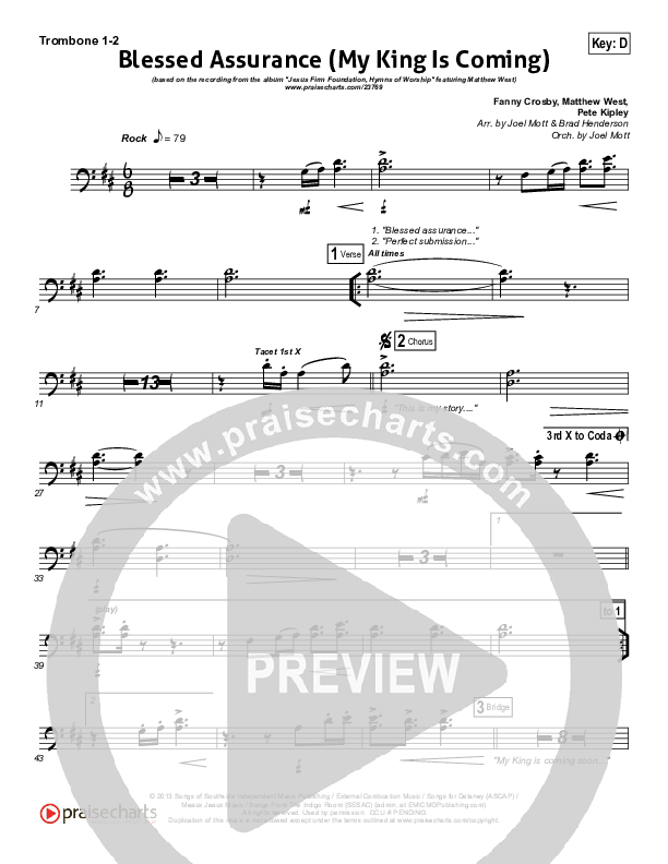 Blessed Assurance (My King Is Coming) Trombone 1/2 (Matthew West)