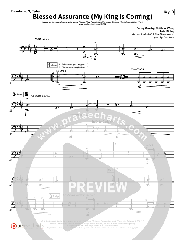 Blessed Assurance (My King Is Coming) Trombone 3/Tuba (Matthew West)