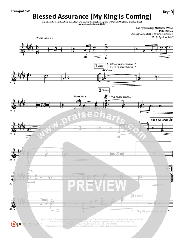 Blessed Assurance (My King Is Coming) Trumpet 1,2 (Matthew West)