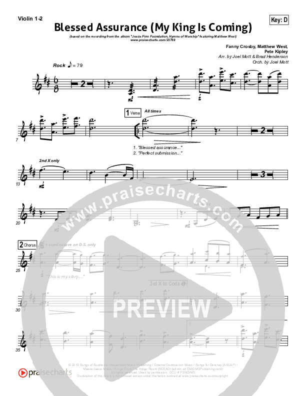 Blessed Assurance (My King Is Coming) Violin 1/2 (Matthew West)