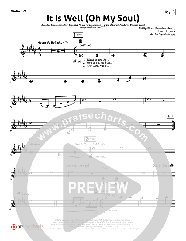 It Is Well (Oh My Soul) Violin 1/2 (Brandon Heath)