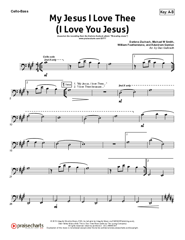 My Jesus I Love Thee (I Love You Jesus) Cello/Bass (Darlene Zschech)