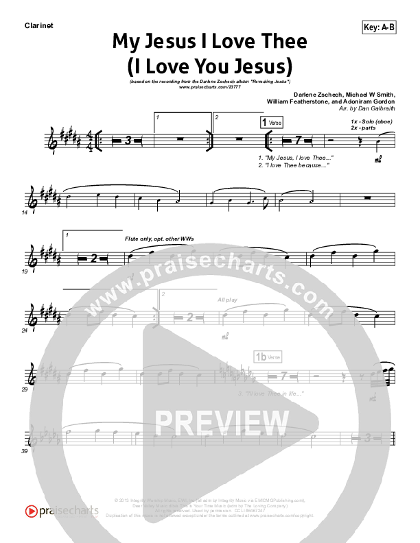 My Jesus I Love Thee (I Love You Jesus) Clarinet (Darlene Zschech)