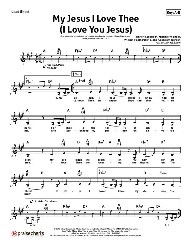 My Jesus I Love Thee (I Love You Jesus) Lead Sheet (Darlene Zschech)