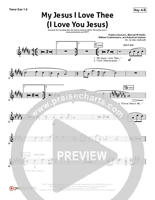 My Jesus I Love Thee (I Love You Jesus) Tenor Sax 1/2 (Darlene Zschech)