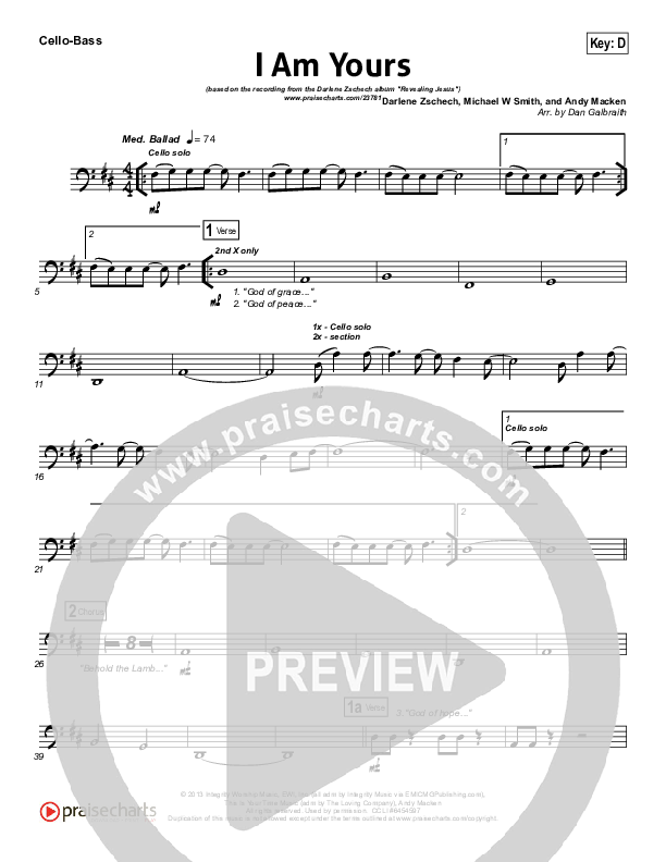 I Am Yours Cello/Bass (Darlene Zschech / Michael W. Smith)