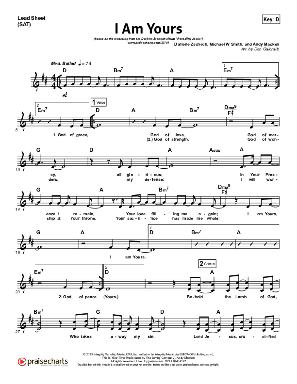 I Am Yours Lead Sheet (Darlene Zschech / Michael W. Smith)