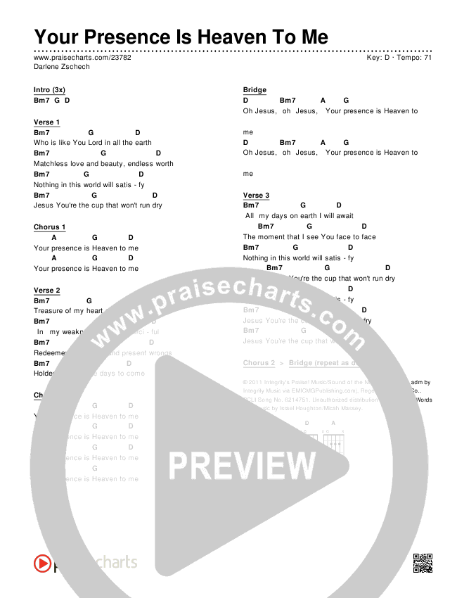 Your Presence Is Heaven To Me Chords & Lyrics (Darlene Zschech)