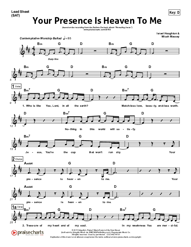 Your Presence Is Heaven To Me Lead (SAT) (Darlene Zschech)