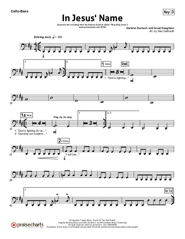 In Jesus' Name Cello/Bass (Darlene Zschech)