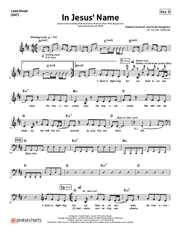 In Jesus' Name Lead Sheet (SAT) (Darlene Zschech)