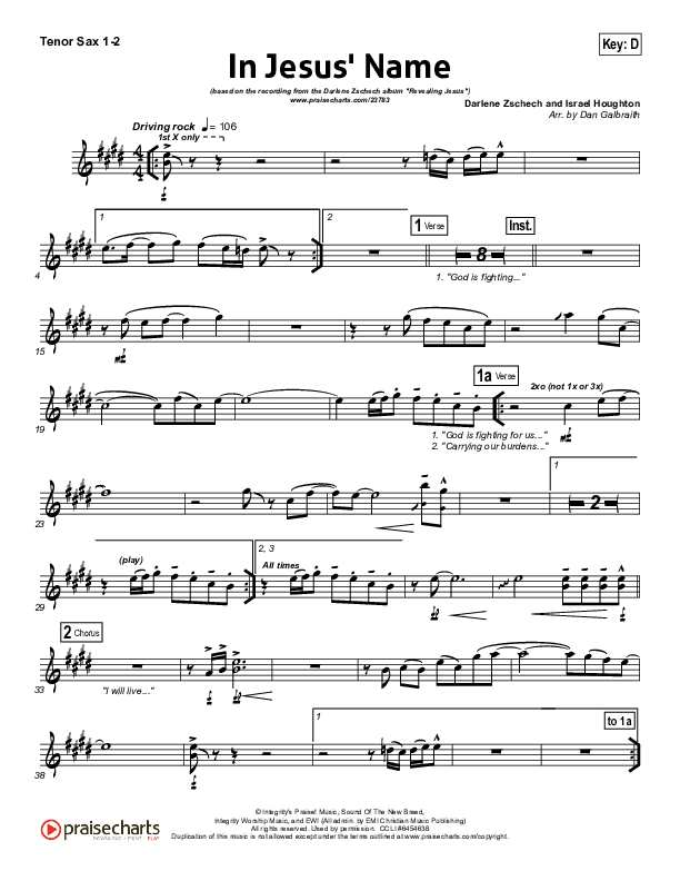 In Jesus' Name Tenor Sax 1/2 (Darlene Zschech)