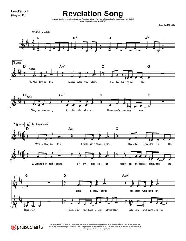 Revelation Song (Live) Lead Sheet (Melody) (Kari Jobe / Passion)