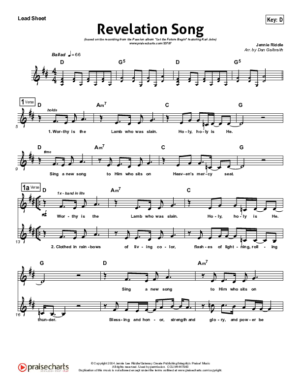 Revelation Song (Live) Lead Sheet (SAT) (Kari Jobe / Passion)