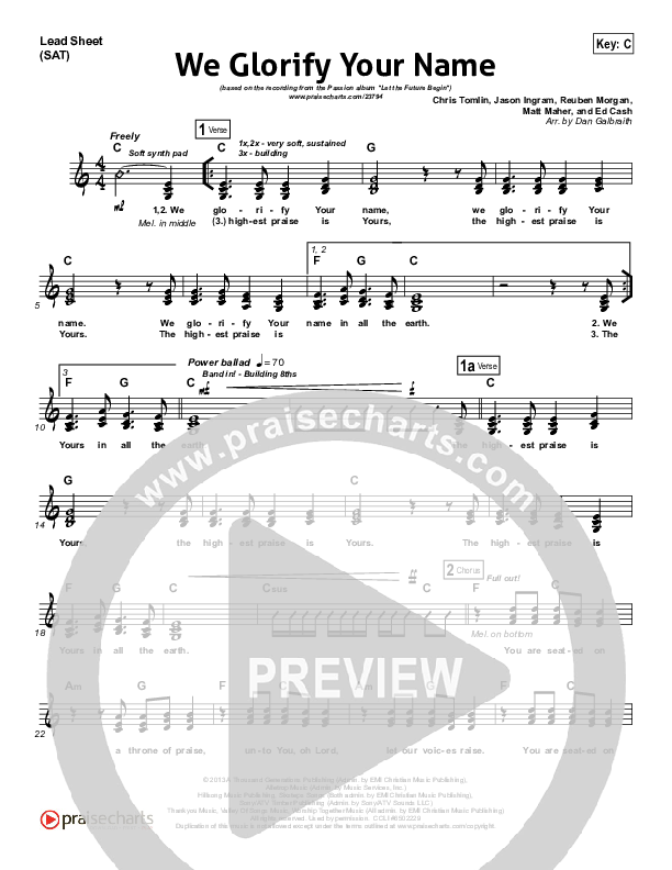 We Glorify Your Name Lead Sheet (SAT) (Chris Tomlin / Passion)