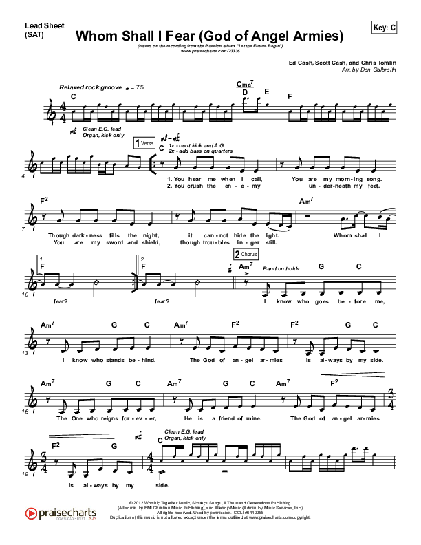 Whom Shall I Fear (God Of Angel Armies) Lead Sheet (SAT) (Chris Tomlin / Passion)