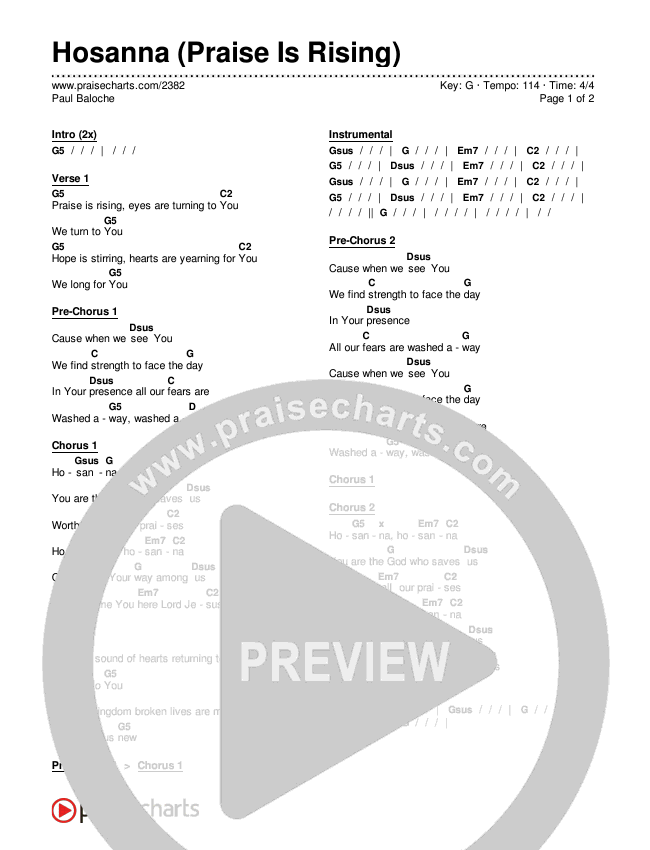 Hosanna (Praise Is Rising) Chords PDF (Paul Baloche) - PraiseCharts