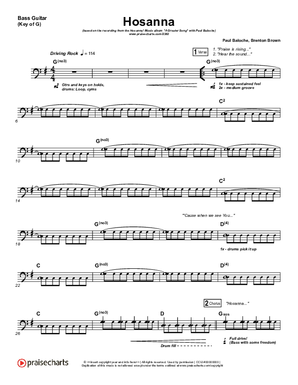 Hosanna (Praise Is Rising) Bass Guitar (Paul Baloche)