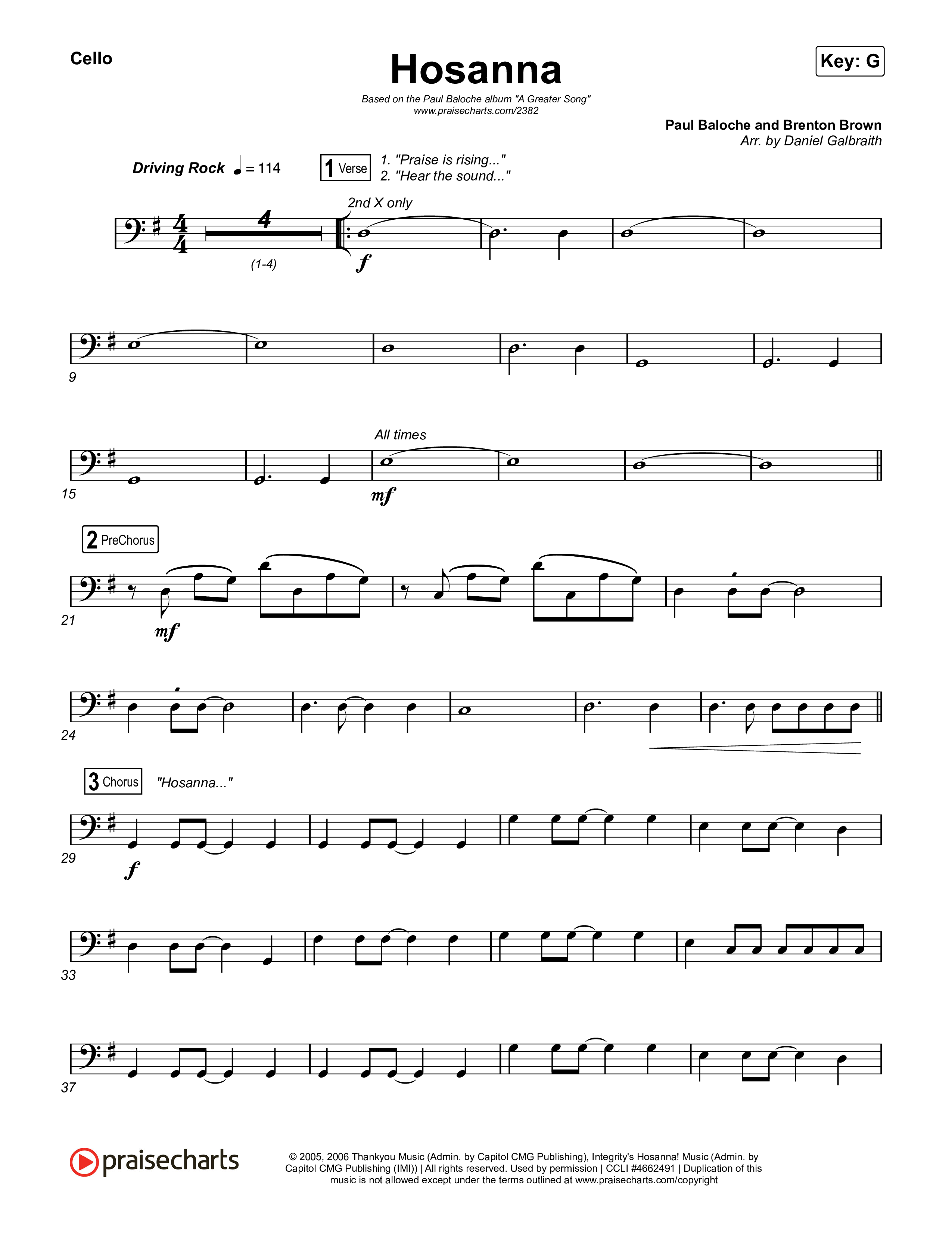 Hosanna (Praise Is Rising) Cello (Paul Baloche)