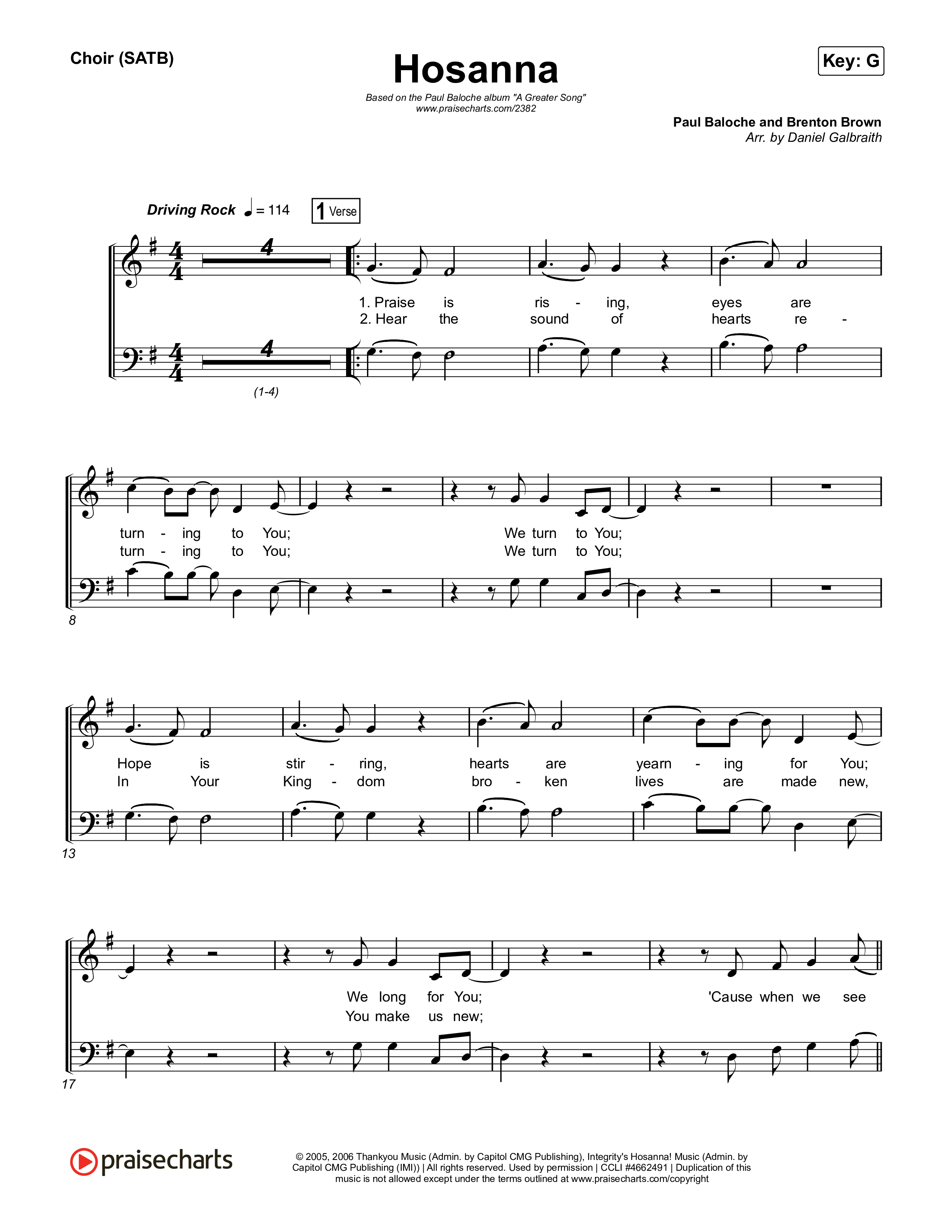 Hosanna (Praise Is Rising) Choir Sheet (SATB) (Paul Baloche)
