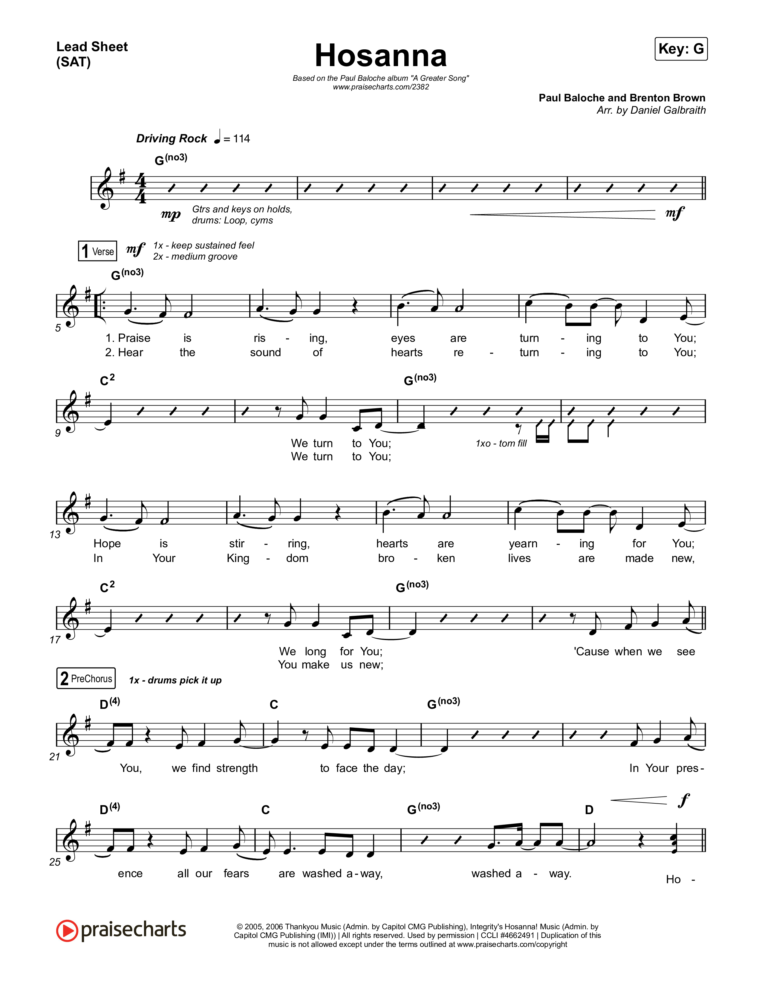 Hosanna (Praise Is Rising) Lead Sheet (SAT) (Paul Baloche)