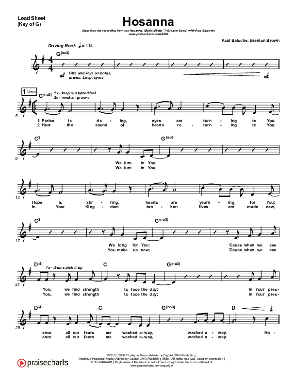 Hosanna (Praise Is Rising) Lead Sheet (Melody) (Paul Baloche)
