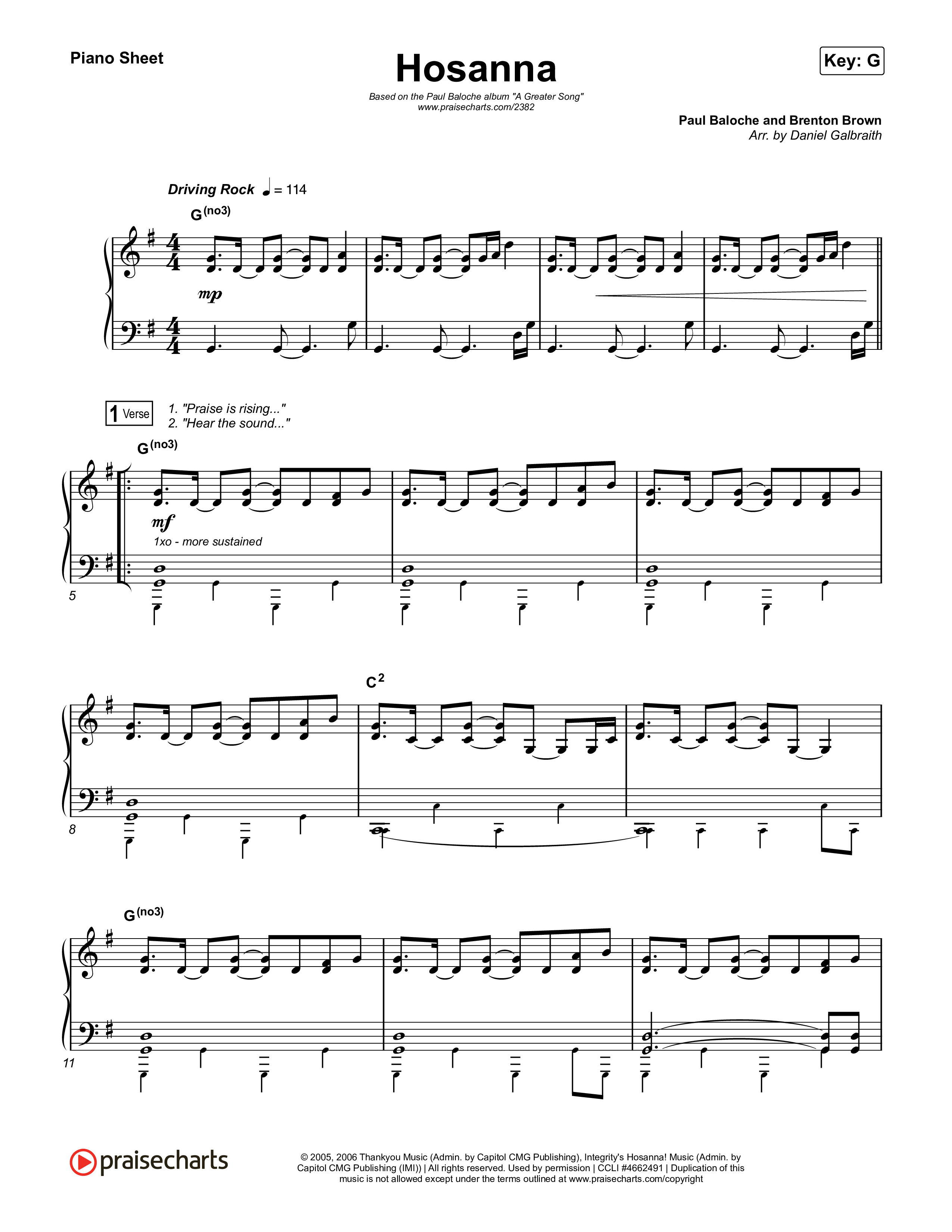 Hosanna (Praise Is Rising) Piano Sheet (Paul Baloche)