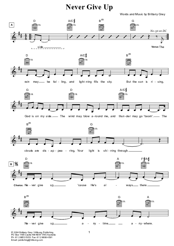 Never Give Up Lead Sheet (Hillsong Kids)