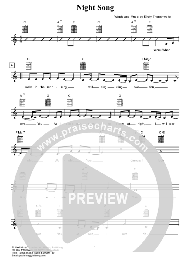 Night Song Lead Sheet (Hillsong Kids)