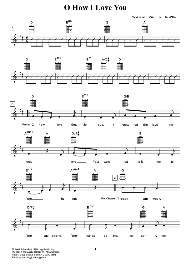 O How I Love You Lead Sheet (Hillsong Kids)