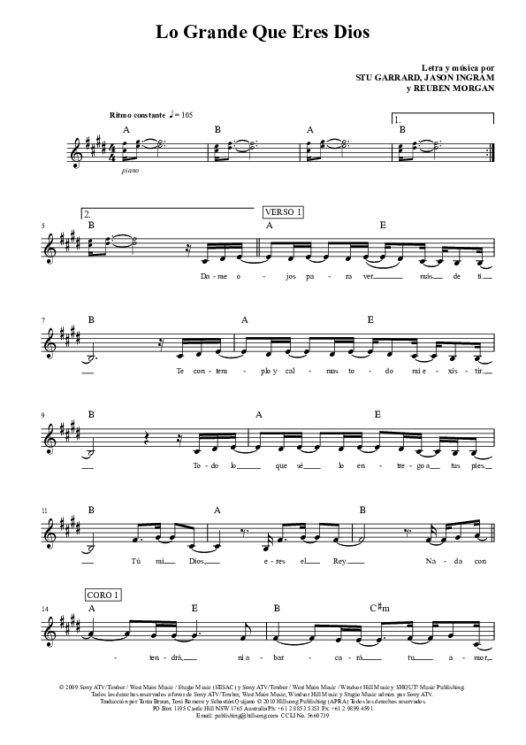 Lo Grande Que Eres Dios Lead Sheet (Hillsong Worship)