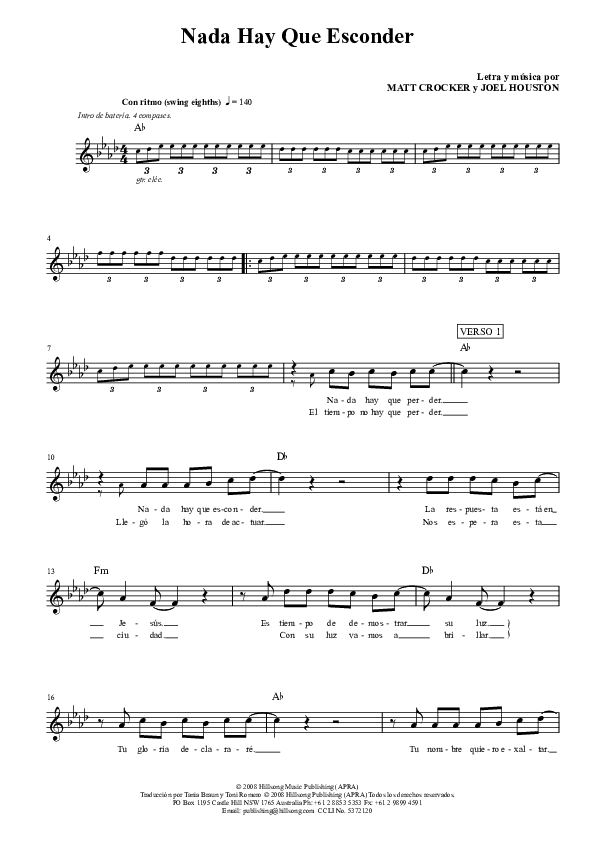 Nada Hay Que Esconder Lead Sheet (Hillsong Worship)