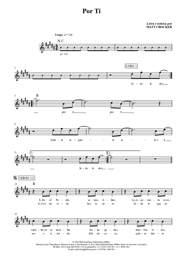 Por Ti Lead Sheet (Hillsong Worship)