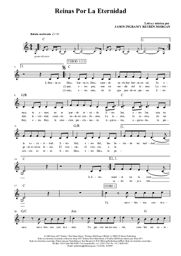 Reinas Por La Eternidad Lead Sheet (Hillsong Worship)