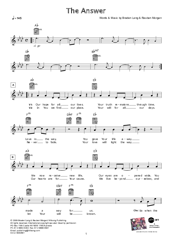 The Answer Lead Sheet (Hillsong Worship)