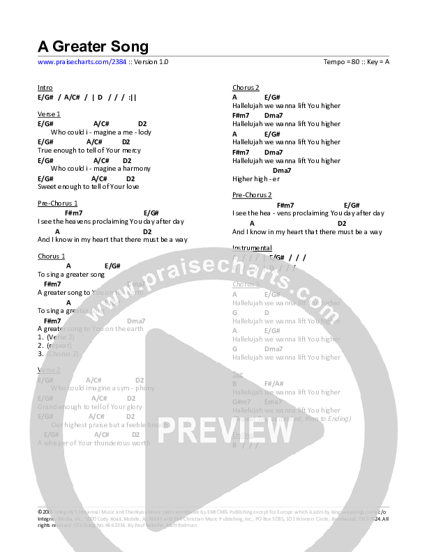 A Greater Song Chord Chart (Paul Baloche)
