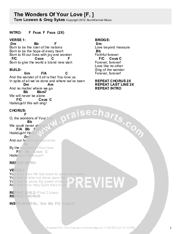 The Wonders Of Your Love Chords & Lyrics (Greg Sykes / Central Live)