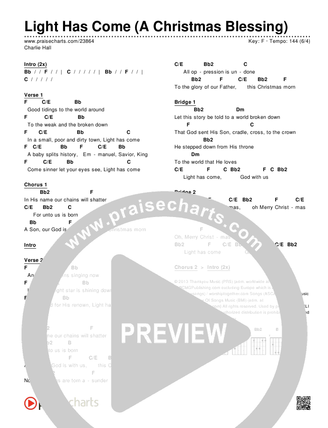Light Has Come (A Christmas Blessing) Chords & Lyrics (Charlie Hall)