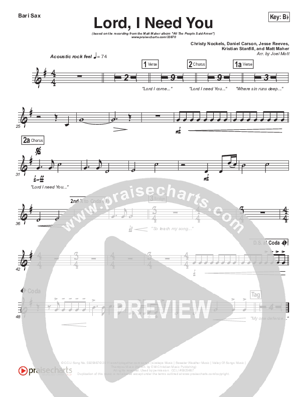 Lord I Need You Bari Sax (Matt Maher)