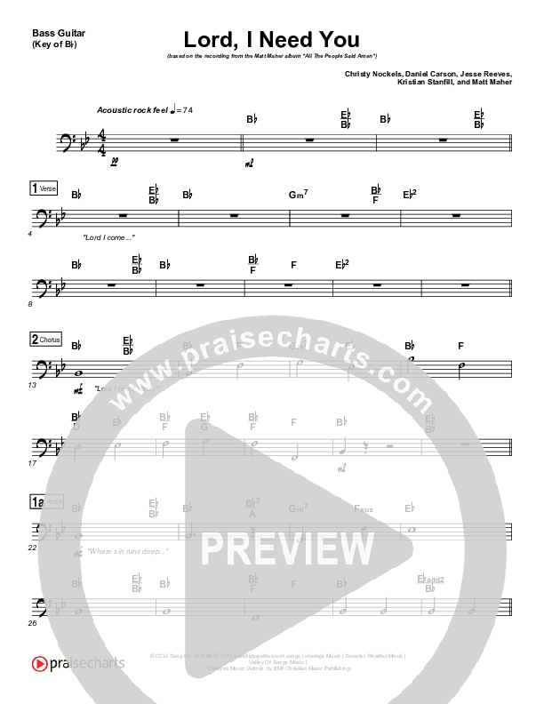 Lord I Need You Bass Guitar (Matt Maher)