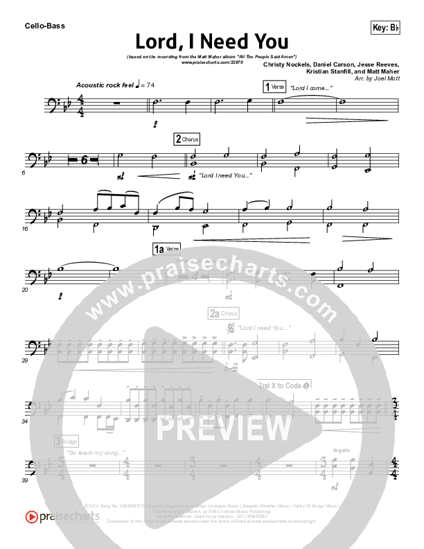 Lord I Need You Cello/Bass (Matt Maher)