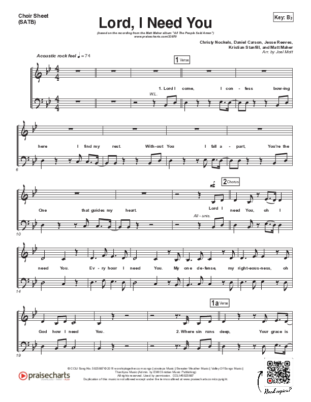 Lord I Need You Choir Sheet (SATB) (Matt Maher)